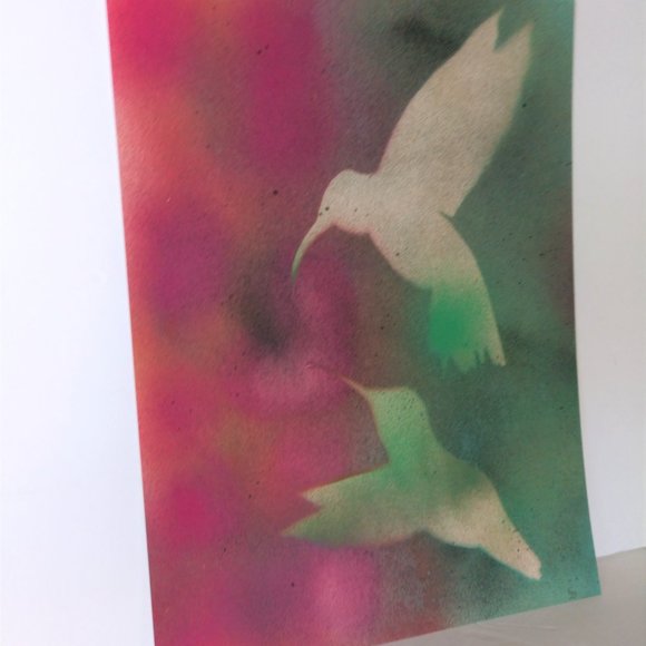 Handmade Painting of Two Hummingbirds In Flowers 15x11 inch - Picture 12 of 15